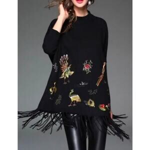 Beauty Dignity Peacock Cashmere Blend Embroidered Sweater One Size Black Boho
